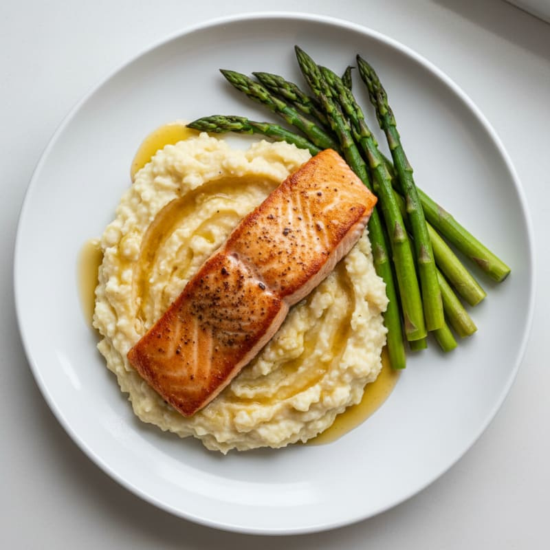 Seared Salmon with Steamed Asparagus and Cauliflower Mash