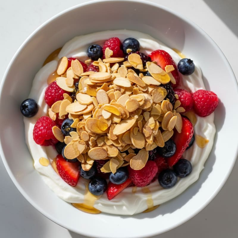 Greek Yogurt Protein Parfait with Mixed Berries and Almonds