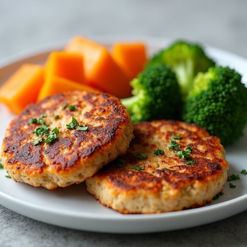Seared Turkey Patties with Roasted Sweet Potato and Steamed Broccoli
