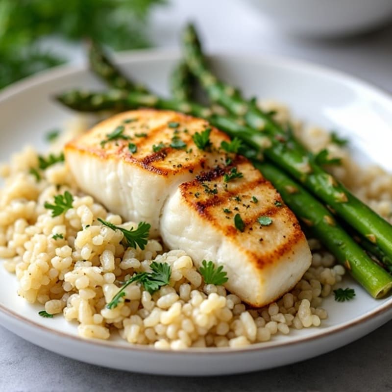 Grilled Cod with Herbed Rice and Roasted Asparagus