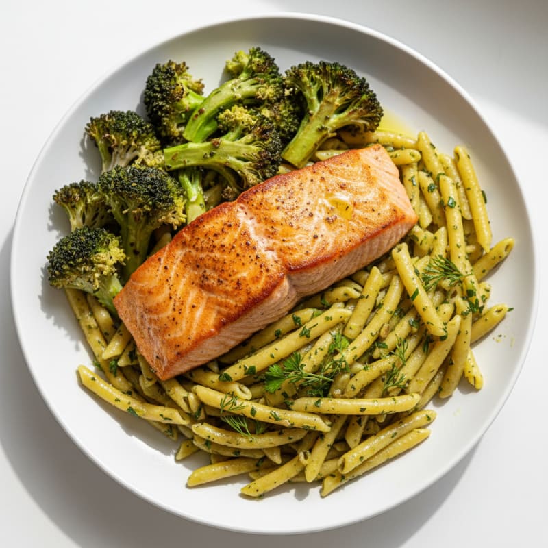 Seared Salmon with Garlic Herb Noodles and Roasted Broccoli