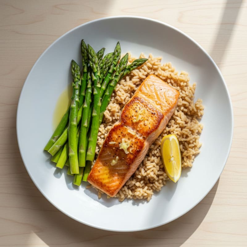 Seared Salmon Fillet with Steamed Asparagus and Brown Rice