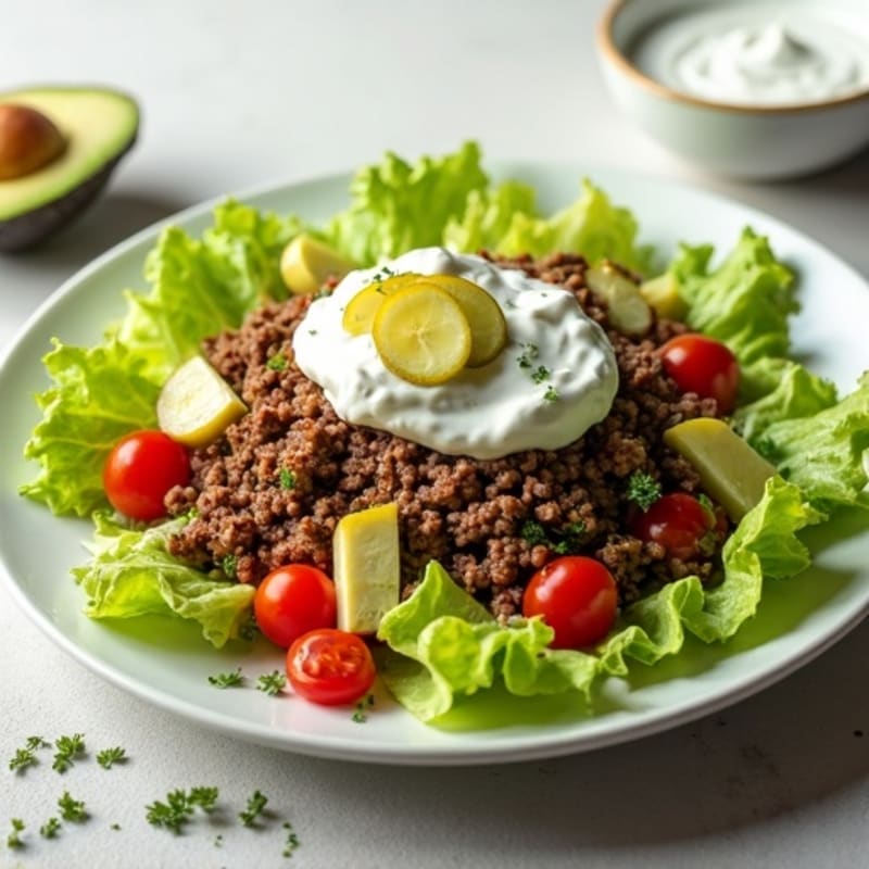 Lean Ground Beef Salad with Crispy Lettuce, Tangy Pickles, and Creamy Dressing
