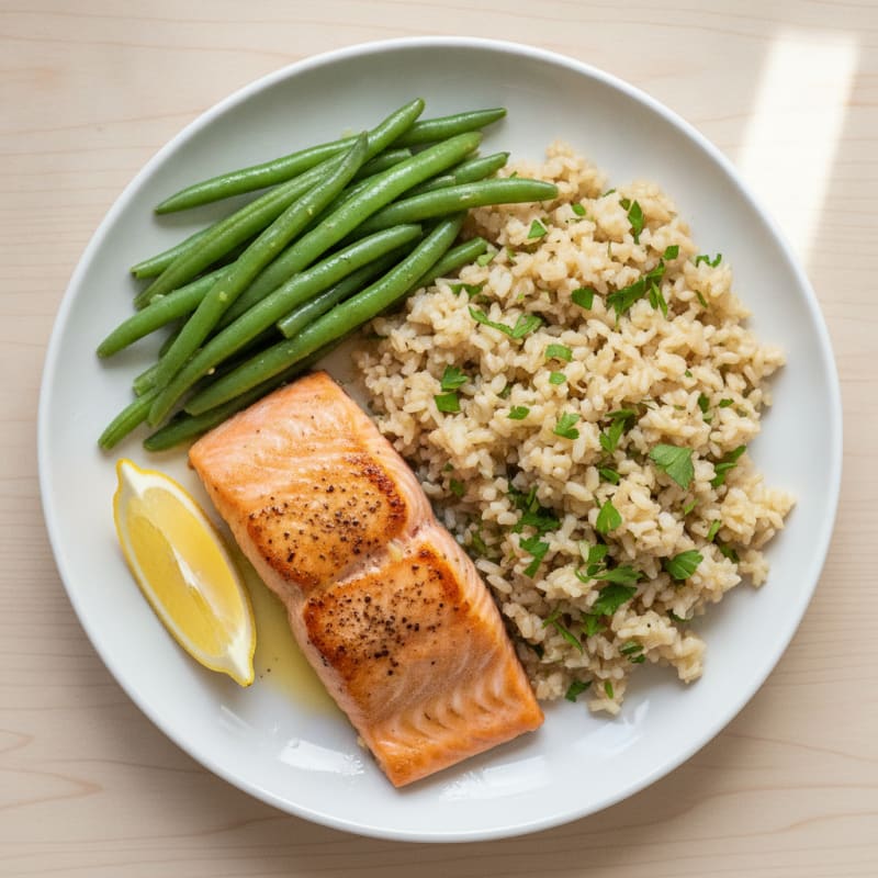 Seared Salmon with Steamed Green Beans and Herbed Brown Rice