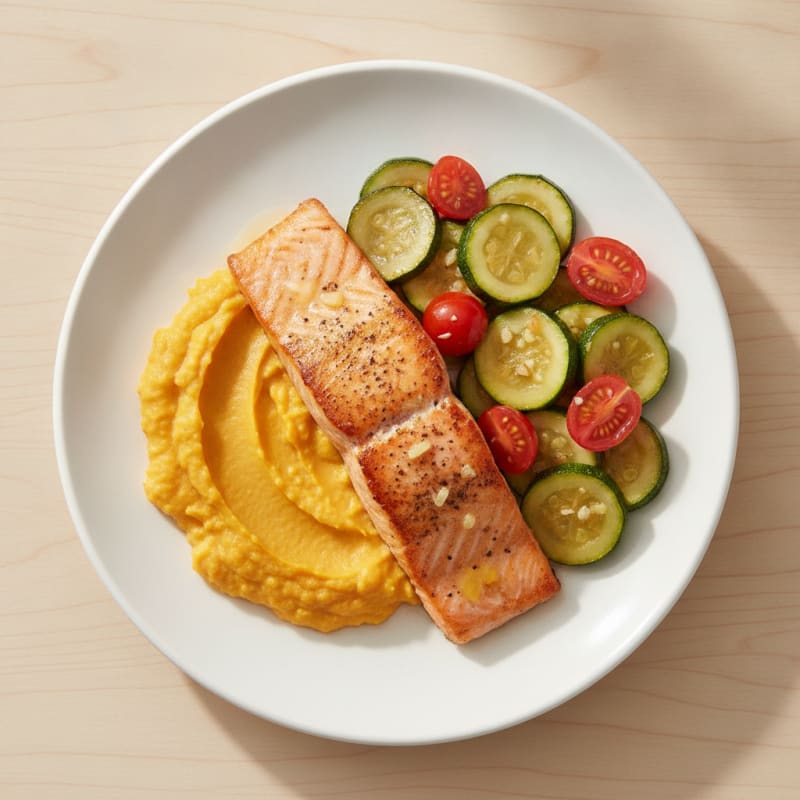 Pan-Seared Salmon with Zucchini Tomato Sauté and Pumpkin Mash