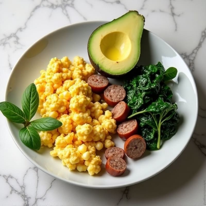 Egg White and Turkey Sausage Scramble with Cottage Cheese and Sautéed Spinach