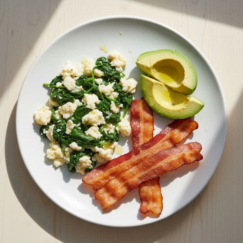 Crispy Turkey Bacon and Egg White Scramble with Sautéed Spinach