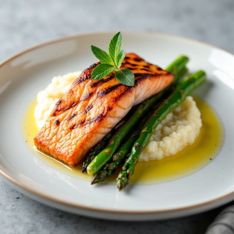 Seared Salmon with Steamed Asparagus and Cauliflower Mash