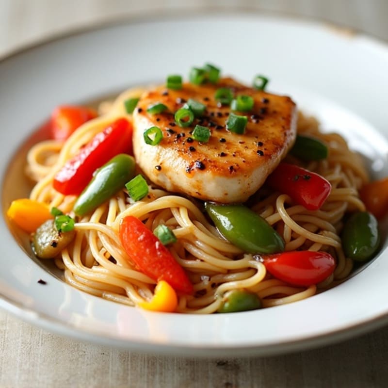 Pan-Seared Chicken with Peppers and Savory Soy Rice Noodles