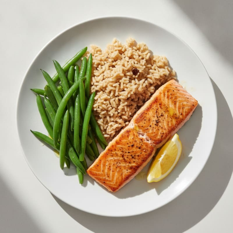 Seared Salmon with Steamed Green Beans and Brown Rice
