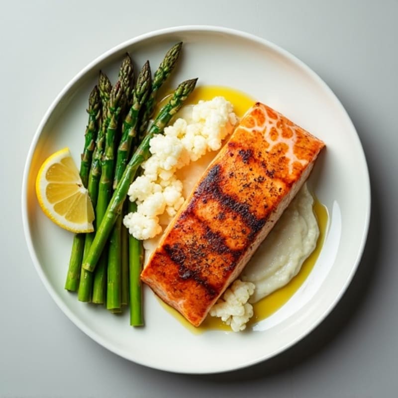 Seared Salmon with Steamed Asparagus and Cauliflower Mash
