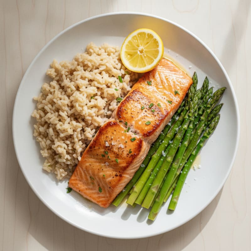 Pan-Seared Salmon with Steamed Asparagus and Brown Rice