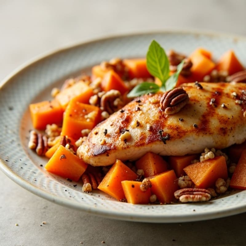 Apple-Cinnamon Chicken and Sweet Potato Hash with Crunchy Pecans