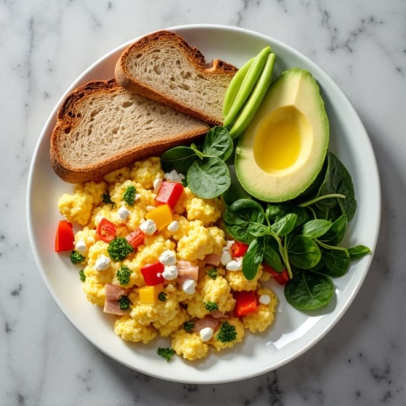 Egg White Veggie Scramble with Cottage Cheese and Sliced Turkey