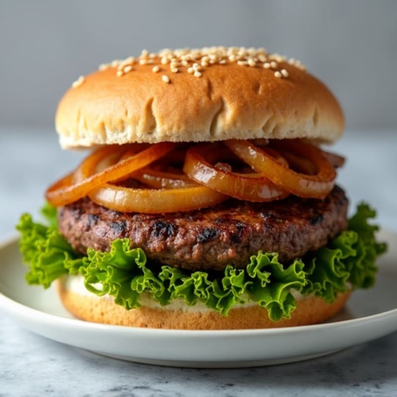 Juicy Lean Beef Burger with Sautéed Onions and Fresh Greens