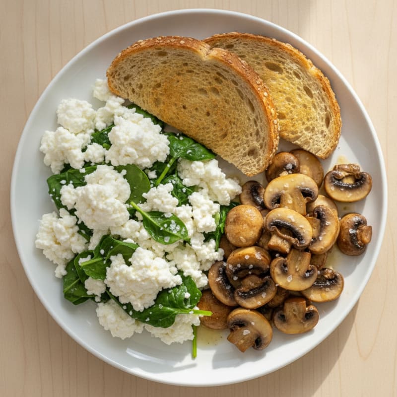 Egg White Spinach Scramble with Cottage Cheese and Sautéed Mushrooms