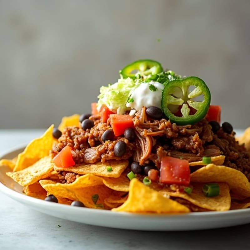 Smoky Pulled Pork Nachos with Crispy Baked Chips and Fresh Toppings