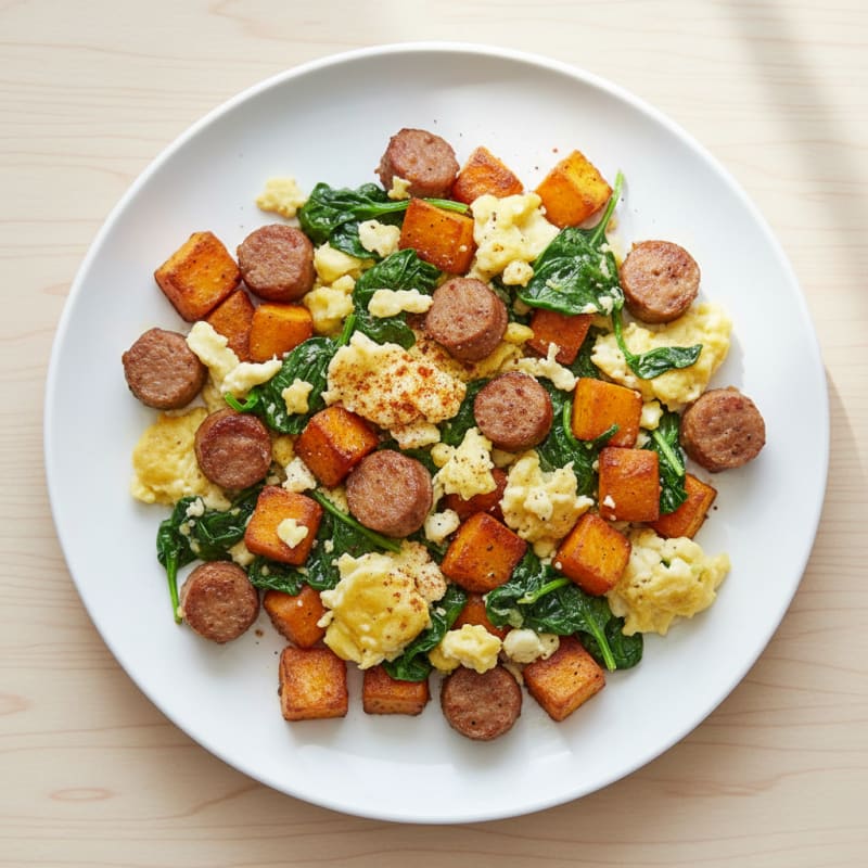 Crispy Turkey Sausage and Spinach Egg Scramble with Sweet Potato