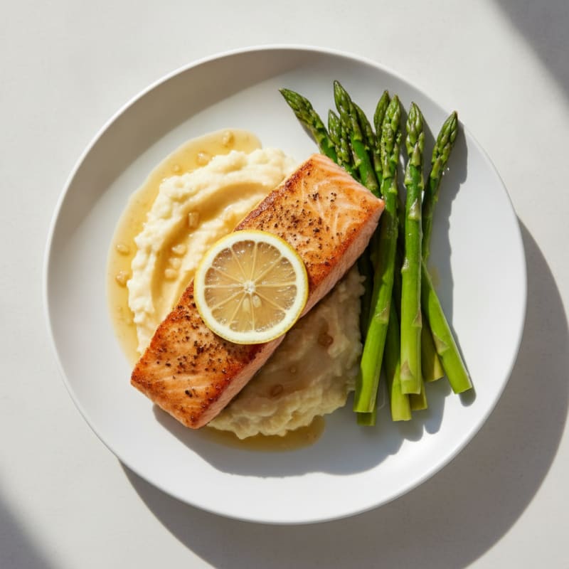 Seared Salmon with Steamed Asparagus and Garlic Cauliflower Mash