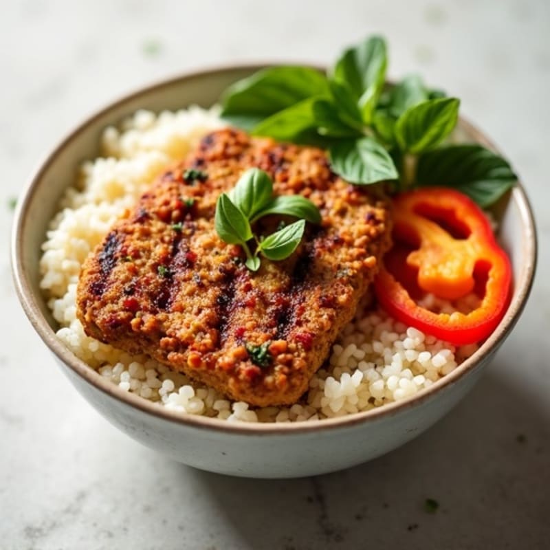 Grilled Ground Turkey Rice Bowl with Roasted Bell Peppers