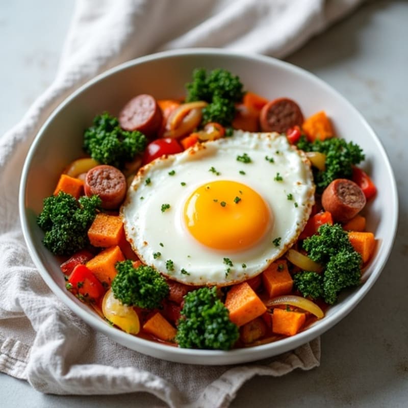 Sweet Potato and Kale Hash Skillet with Lean Turkey Sausage and Baked Eggs
