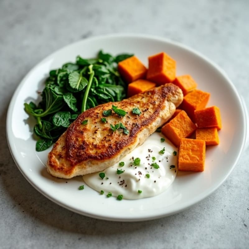 Pan-Seared Chicken Breast with Creamy Spinach and Roasted Sweet Potatoes