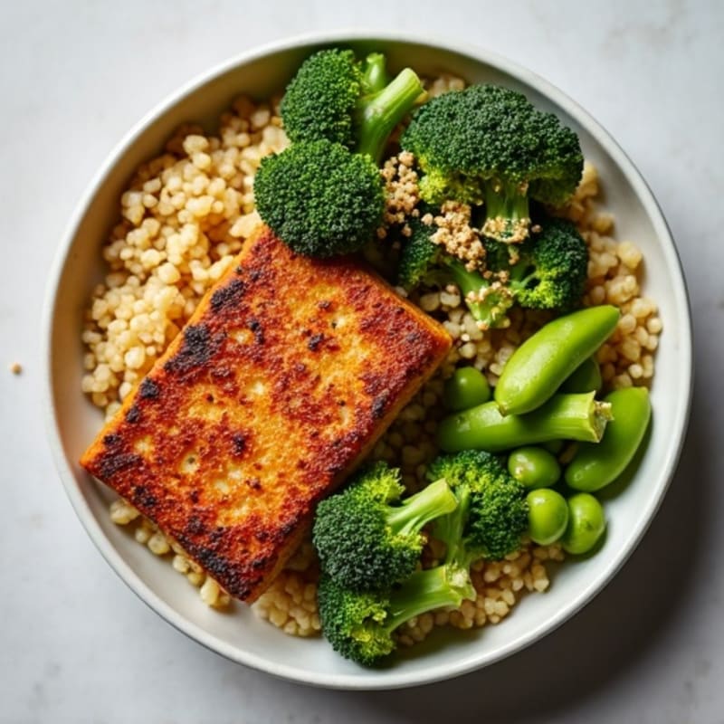 Crispy Tempeh Power Bowl with Quinoa and Roasted Broccoli