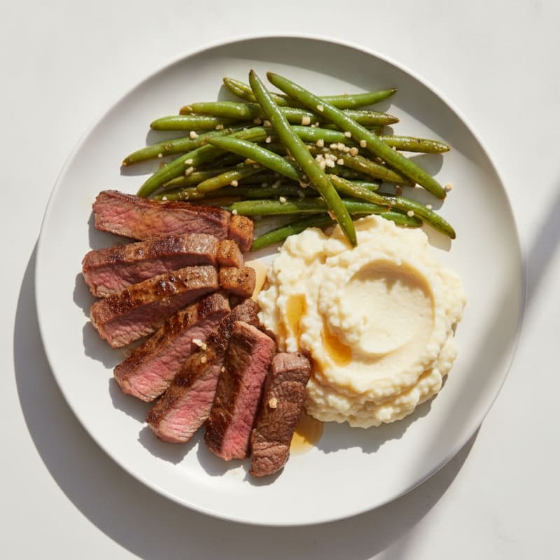 Seared Lean Beef Strips with Garlicky Green Beans and Cauliflower Mash