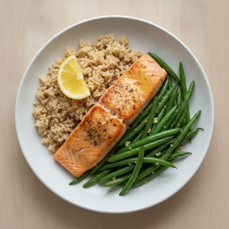 Seared Salmon with Garlic Green Beans and Brown Rice