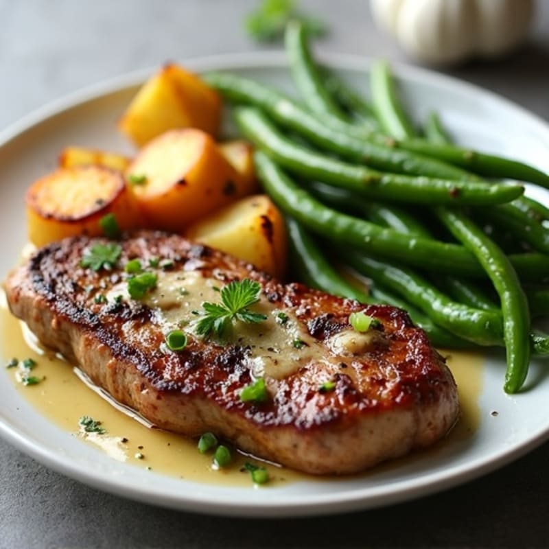 Garlic Butter Pan-Seared Steak with Crispy Roasted Potatoes and Fresh Green Beans