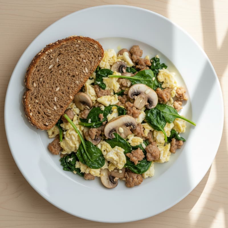 Egg White and Turkey Sausage Scramble with Spinach and Mushrooms