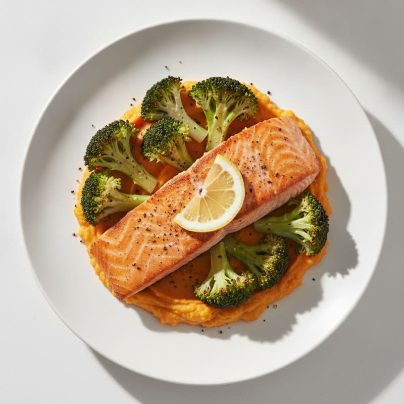 Seared Salmon with Roasted Broccoli and Sweet Potato Mash