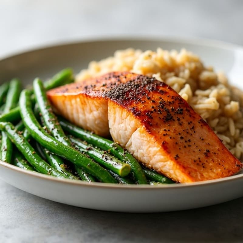 Pan-Seared Salmon with Garlic Green Beans and Brown Rice