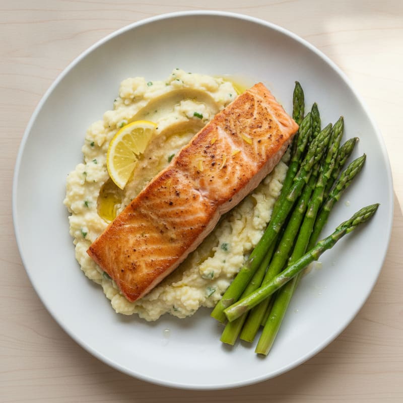 Seared Salmon with Steamed Asparagus and Garlic Mashed Cauliflower