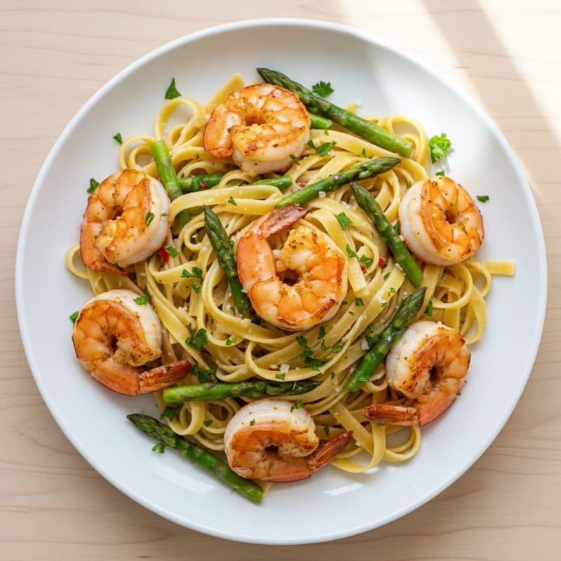 Garlic Lemon Shrimp Fettuccine with Asparagus