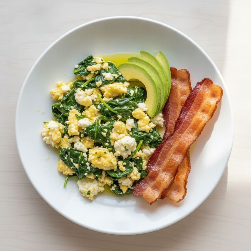 Cottage Cheese Scramble with Spinach and Turkey Bacon