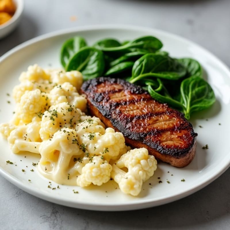 Seared Steak with Creamy Cauliflower Alfredo and Fresh Spinach
