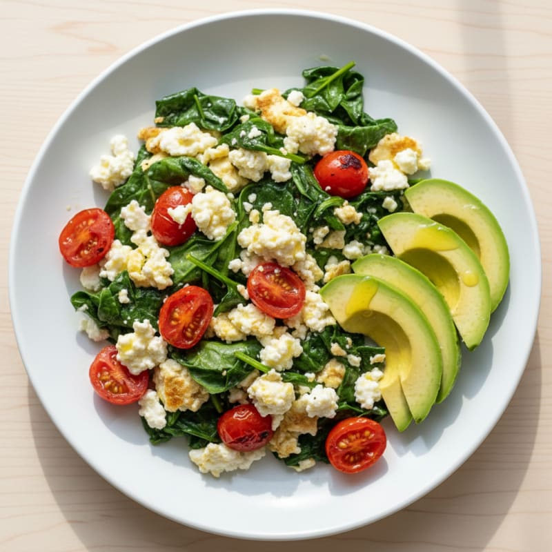 Cottage Cheese Egg White Scramble with Spinach and Cherry Tomatoes