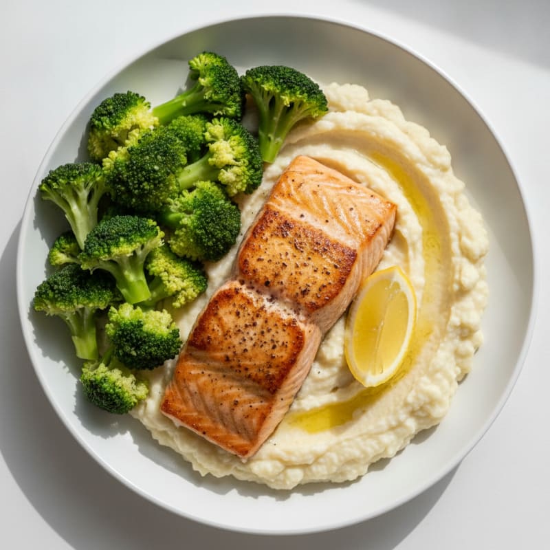 Seared Salmon with Steamed Broccoli and Garlic Cauliflower Mash