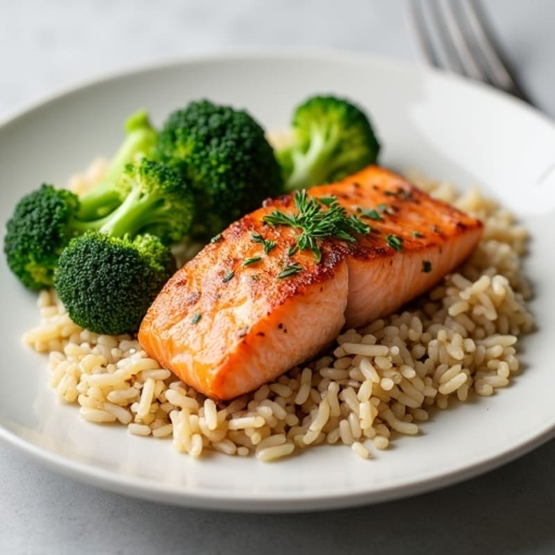 Seared Salmon with Steamed Broccoli and Brown Rice