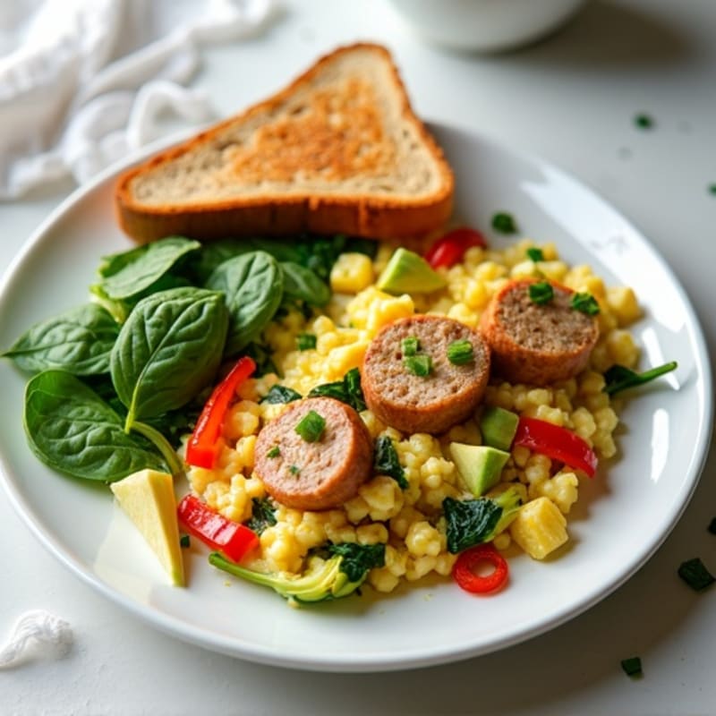 Egg White and Chicken Sausage Scramble with Spinach and Bell Peppers