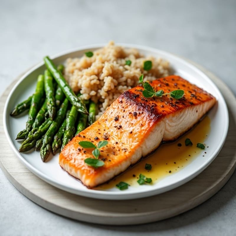 Seared Salmon with Steamed Asparagus and Brown Rice