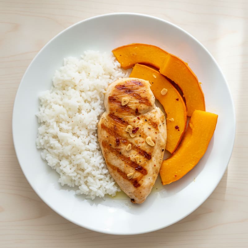 Grilled Chicken Breast with White Rice and Steamed Pumpkin