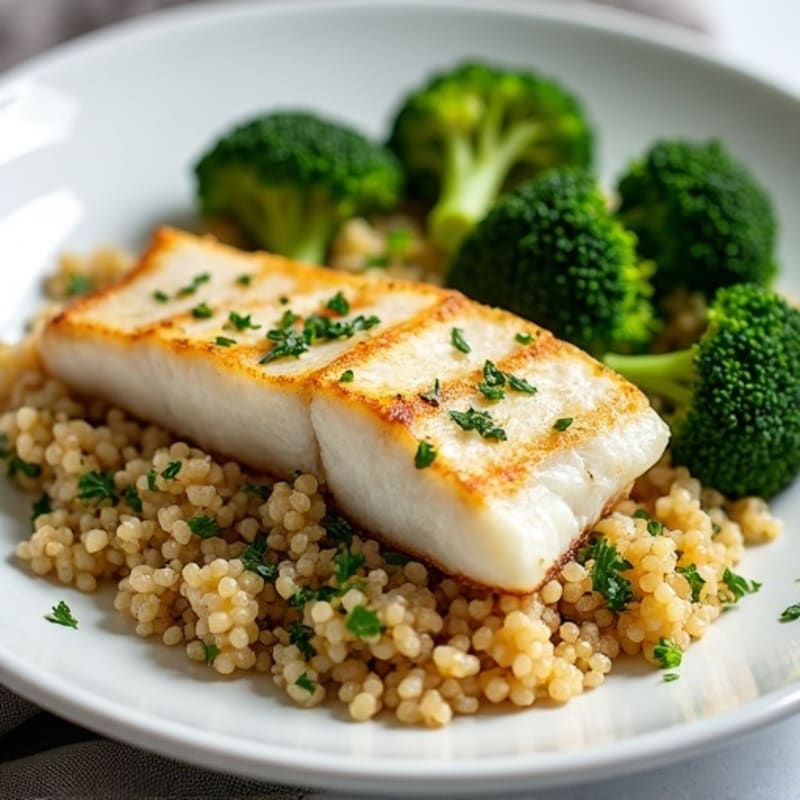 Seared White Fish with Steamed Broccoli and Herb Quinoa