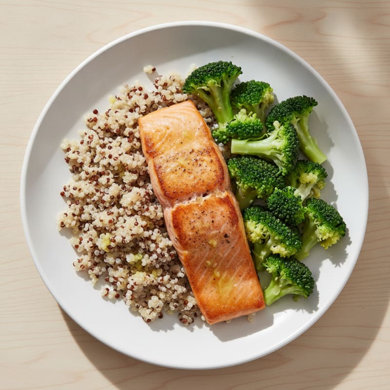 Seared Salmon Fillet with Steamed Broccoli and Quinoa