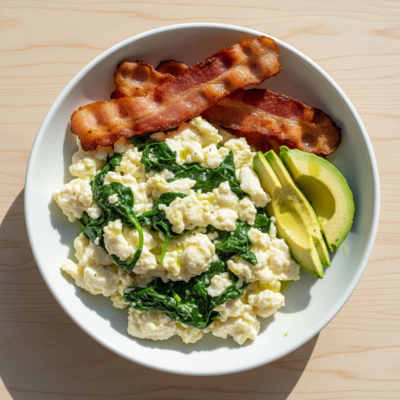Egg White Spinach Scramble with Grilled Turkey Bacon