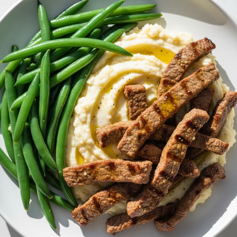 Seared Lean Beef Strips with Steamed Green Beans and Cauliflower Mash