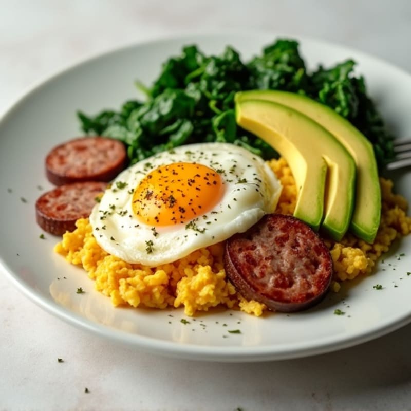 Egg White Scramble with Turkey Sausage and Sautéed Spinach