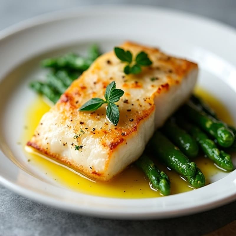 Seared Cod with Garlic Green Beans and Steamed Asparagus