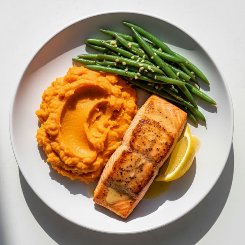 Seared Salmon with Garlic Green Beans and Sweet Potato Mash